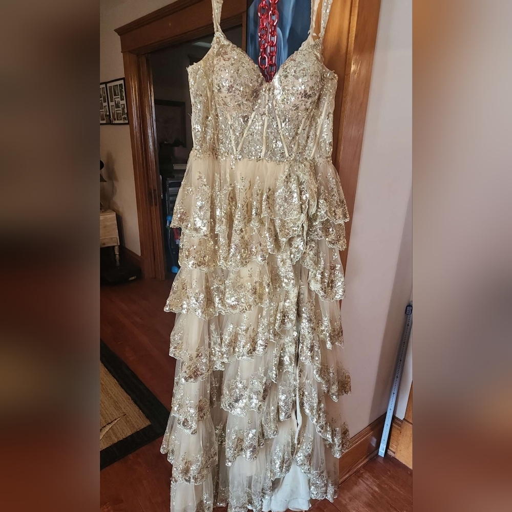 Sherri Hill Gold Sequin Tiered Off-Shoulder Prom Gown - Picture 2 of 6